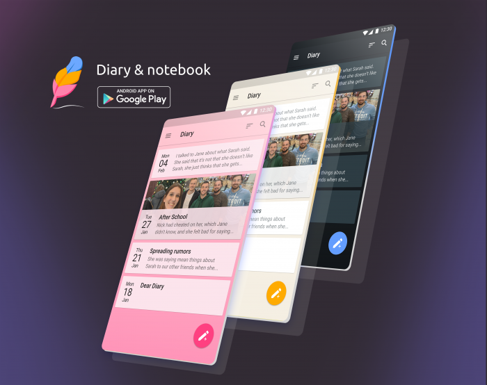 A cellphones with the Diary app design on it's screens with different themes