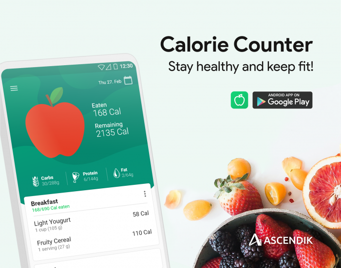 A cellphone with the Calorie Counter app design on it's screen